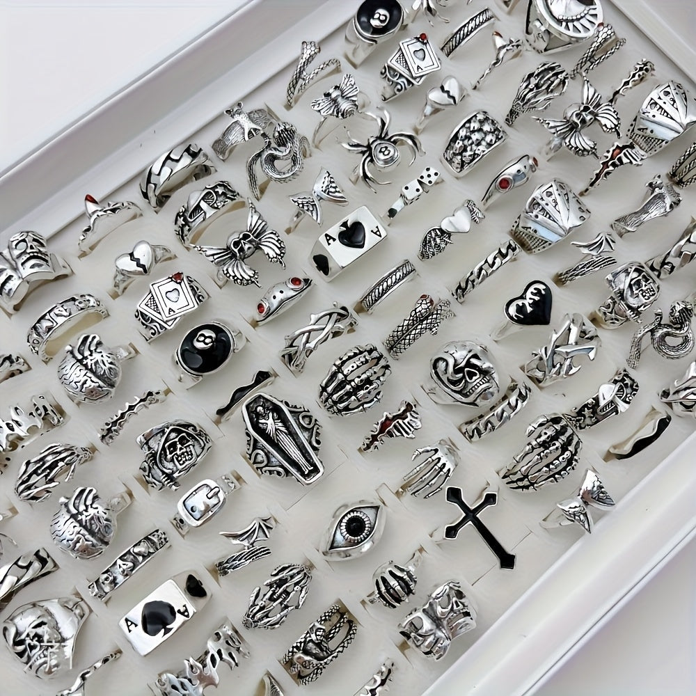 24pcs Retro Punk Ring Set for Women Men – Dark Style Spider Skull Cross Vintage Gothic Rings, Adjustable Stackable Jewelry for Daily Wear, Party, Halloween & Gift