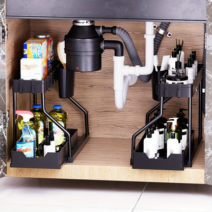 2Pcs Under Sink Organizer with Pull-Out Sliding Shelves – Durable Cabinet Storage Rack for Bathroom & Kitchen, Space-Saving Vertical Under-Sink Organization, Available in Black & White