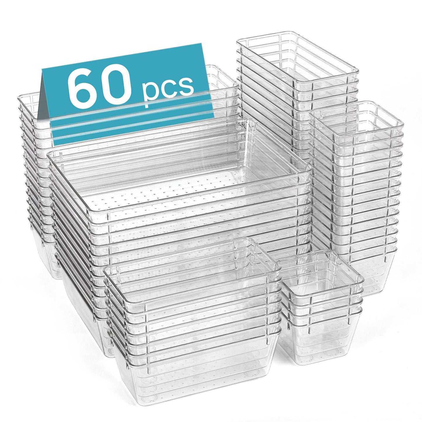 Clear Plastic Drawer Organizer Set 44 or 60 Pcs 4 Sizes Non-Slip Vanity Organizer Trays for Makeup Jewelry Bathroom Bedroom Kitchen Office