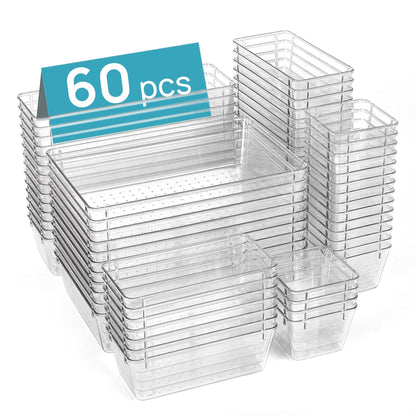 Clear Plastic Drawer Organizer Set 44 or 60 Pcs 4 Sizes Non-Slip Vanity Organizer Trays for Makeup Jewelry Bathroom Bedroom Kitchen Office