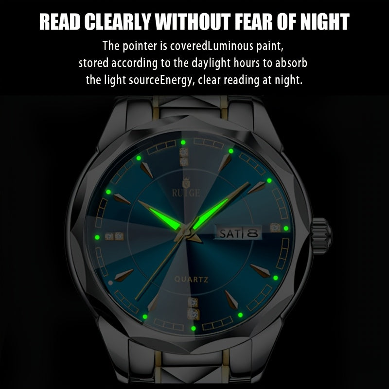 Men's Luxury Quartz Chronograph Watch – Luminous Blue Dial, Stainless Steel Case & Strap, Calendar Date Display, Elegant Business Dress Watch Gift for Him