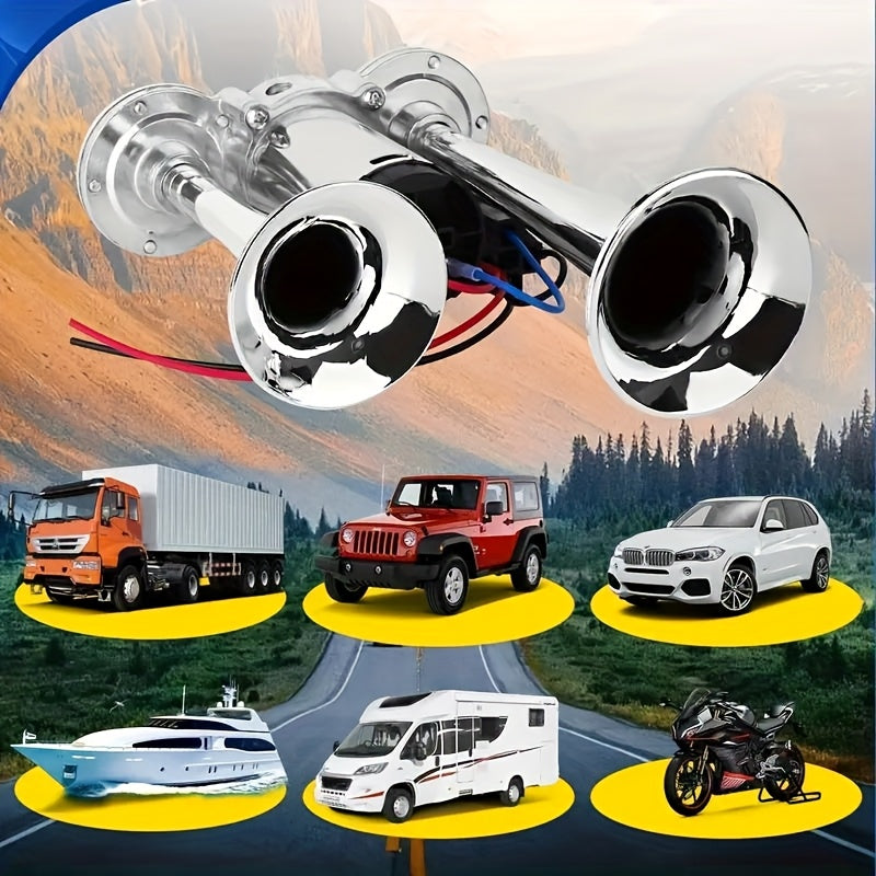 120dB Dual Air Horn Kit 12V with Air Compressor – Super Loud Truck Train Horn for SUV, Motorcycle, Pickup Truck, Car & Boat – Universal Electric Dual Tone Horn – Velora