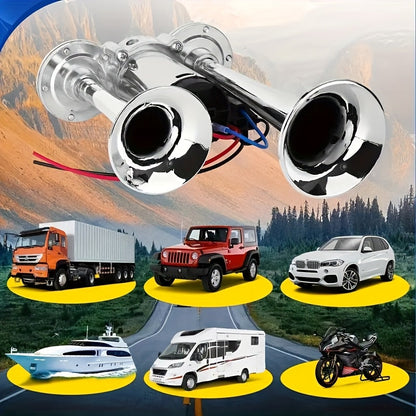 120dB Dual Air Horn Kit 12V with Air Compressor – Super Loud Truck Train Horn for SUV, Motorcycle, Pickup Truck, Car & Boat – Universal Electric Dual Tone Horn – Velora