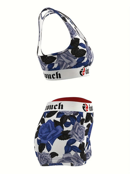 Women's Blue Rose Floral Print Sports Bra & Shorts Set 2-Piece – Stretchy Activewear Gym Yoga Running Fitness Outfit Matching Loungewear for Teens Summer Festival Vintage Style
