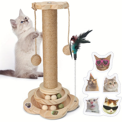 5-in-1 Wooden Cat Scratching Post Toy for Indoor Cats Tall Sisal Post 2-Level Track Ball Interactive Feather Toy Hanging Balls Cat Furniture for Kittens Adults