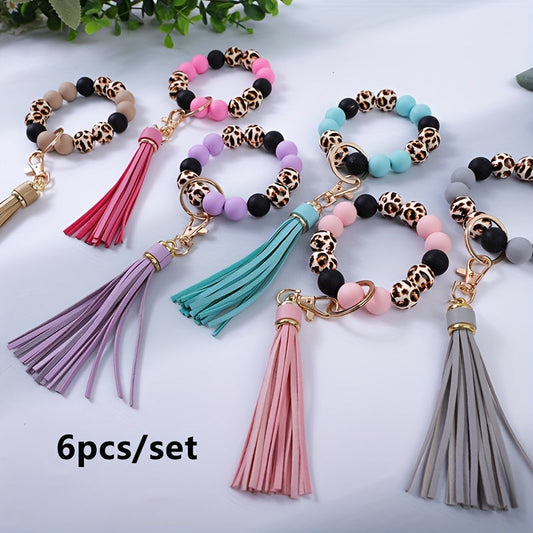 6Pcs Leopard Print Wooden Bead Keychain Set with Tassel & Silicone Beads – Wrist Key Ring Gift for Mom, Friends & Holiday Occasions