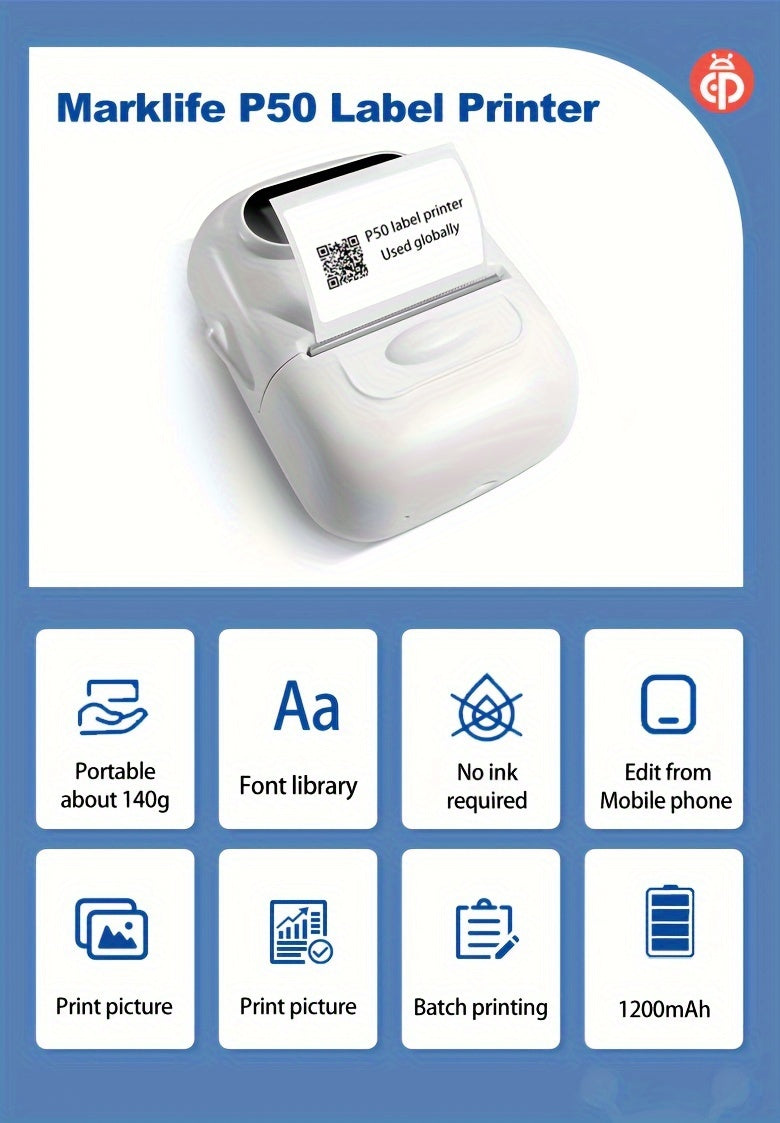P50 Portable Bluetooth Thermal Label Printer – Wireless Mini Label Maker for Home, Office, Retail, Clothing, Jewelry & Food, Compatible with Android & iOS, Includes 40x30mm White Label Roll