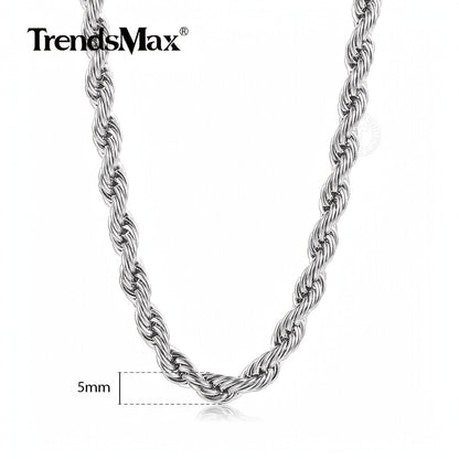 316L Stainless Steel Rope Chain Necklace for Men & Women – 5mm & 7mm Width, 16 to 30 Inch Lengths, Hypoallergenic Tarnish-Resistant Silver Chain, Unisex Jewelry for Daily Wear & Gifting