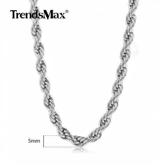 316L Stainless Steel Rope Chain Necklace for Men & Women – 5mm & 7mm Width, 16 to 30 Inch Lengths, Hypoallergenic Tarnish-Resistant Silver Chain, Unisex Jewelry for Daily Wear & Gifting