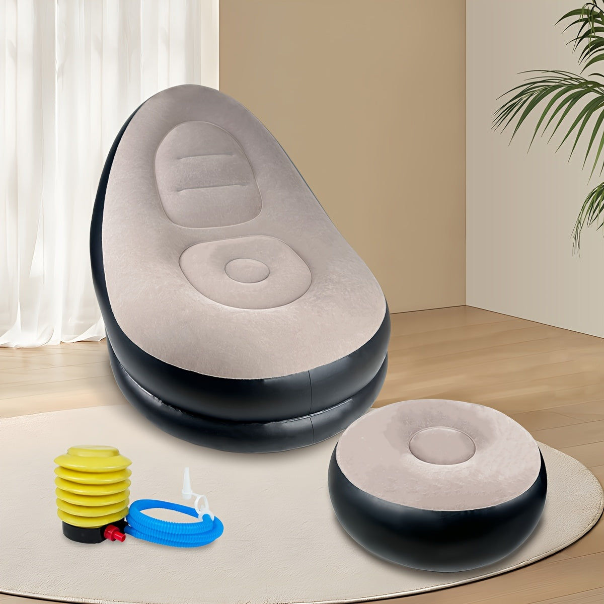 Inflatable Sofa Set 2 Piece Adult Recliner Lounge Chair with Footstool Plush Fabric Heavy Duty Portable Folding Air Couch with Pump Indoor Outdoor Camping Beach Living Room Patio
