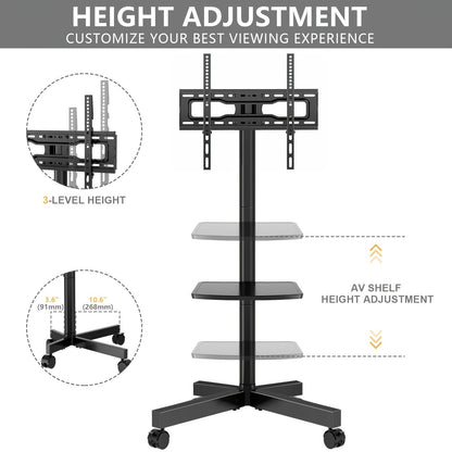 Rolling TV Stand Cart on Wheels for 23–60 Inch TVs – Height Adjustable, 88lb Capacity, VESA 400x400, Media Shelf, 360° Locking Wheels, No Wall Drilling, Mobile TV Mount