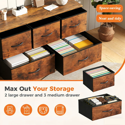 5-Drawer Lateral File Cabinet with Metal Frame & Wooden Top – Industrial Office Storage Organizer, 3 Upper + 2 Lower Drawers, Open Storage, Fits TV up to 45” – Black & Grey