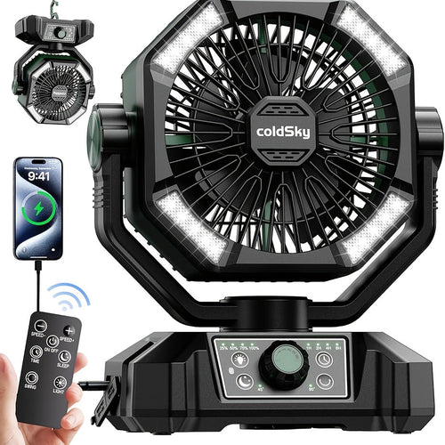 20000mAh Camping Fan with Dual Motor – Battery Operated Portable Fan with 4 LED Lantern Modes, 8 Speeds & Remote Control, Hanging Hook for Tent, Power Outages & Jobsite Use
