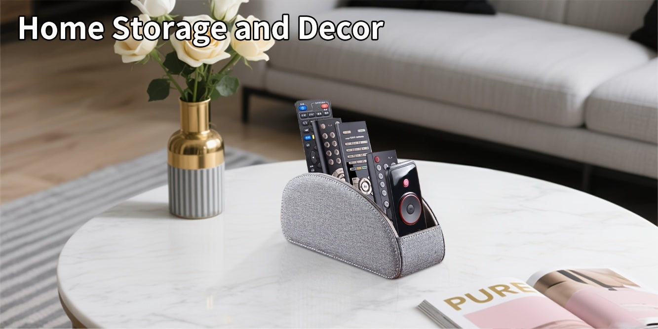 Remote Control Holder with 5 Compartments, Faux Leather Desktop Organizer Caddy for Living Room, Holds TV Remotes Pens Eyeglasses Makeup Brushes Office Stationery, Home Decor Storage Box Accessory