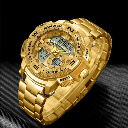 Men's Dual Display Sport Watch – Large Face LED Night Light, 3ATM Waterproof, Chronograph, Alarm & Calendar, Field Style Wristwatch in Gold & Silver