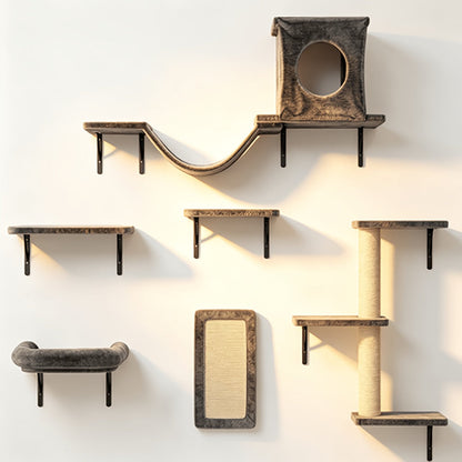 Wall Mounted Cat Climbing Shelf Set 7-Piece – Deluxe Indoor Cat Furniture with Condo, Shelves, Scratching Post, Bridge Ladder & Tunnel for All Cat Sizes