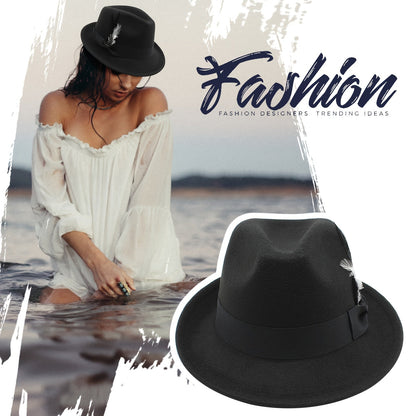 Short Brim Felt Fedora Hat for Men & Women – Classic Feather Panama Dress Hat in 7 Colors, Black Brown Navy Red Gray Coffee, Unisex Jazz Cap for Formal Casual Daily Wear