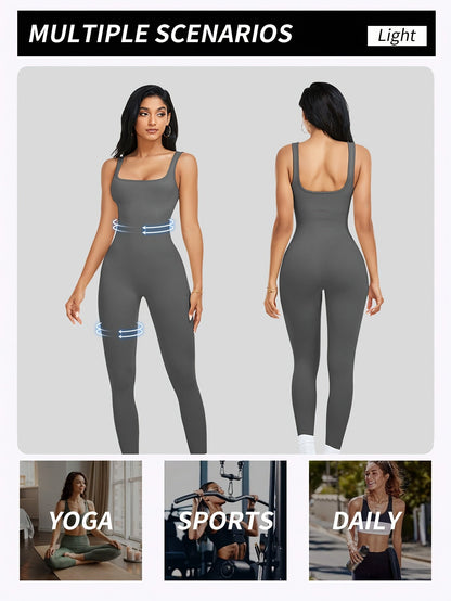 Women's Sleeveless Square Collar Jumpsuit – 90% Nylon Stretch Fabric, Thick & Opaque Active Wear for Yoga, Pilates, Running, Fitness & Everyday Events, Sizes S-XL, Multiple Colors