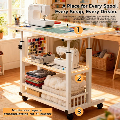Mobile Craft Table with Adjustable Height & 4 Silent 360° Wheels - Rolling Storage Organizer with Double Shelves for Sewing, Knitting & Crafts, Bedroom & Living Room Use, Available in Black & White