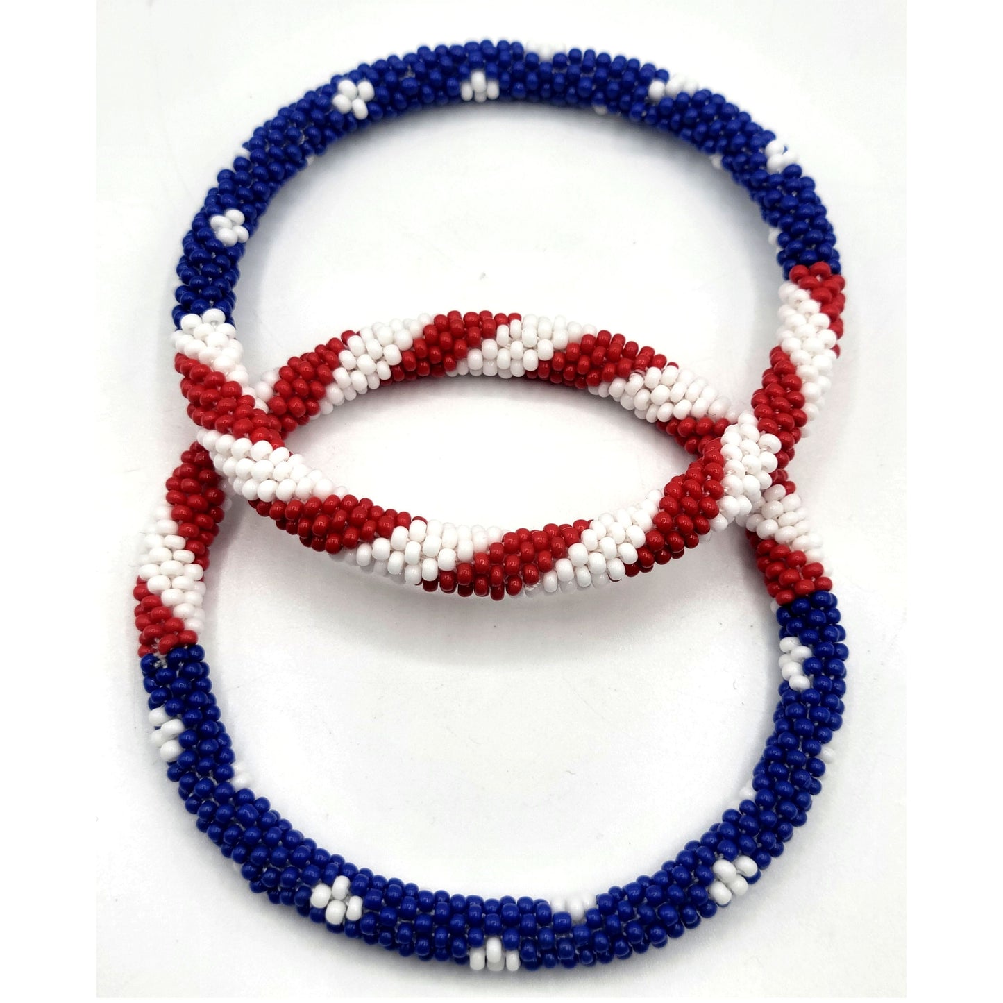 Set of 2 Handmade USA Flag Patriotic Glass Bead Bracelets – Boho Roll-On Crochet Bangles for Men & Women, Nepal Artisan Jewelry, Red White Blue Beaded Bracelet Set, 4th of July Gift