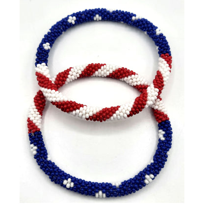 Set of 2 Handmade USA Flag Patriotic Glass Bead Bracelets – Boho Roll-On Crochet Bangles for Men & Women, Nepal Artisan Jewelry, Red White Blue Beaded Bracelet Set, 4th of July Gift