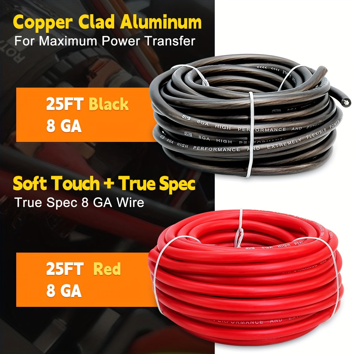 8 Gauge Wire 50ft CCA Power Ground Cable Kit (25ft Red + 25ft Black) for Car Audio, Amplifier, Speaker, Marine, Welding & Automotive Electrical Wiring