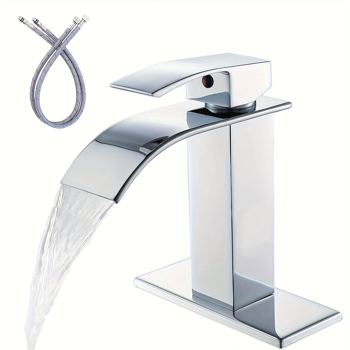 Waterfall Bathroom Sink Faucet Single Handle Hot & Cold - Universal 1 or 3 Hole Countertop Mount, RV Vanity Faucet with Water Supply Hose, Modern Design in Black, Black Gold & Silver