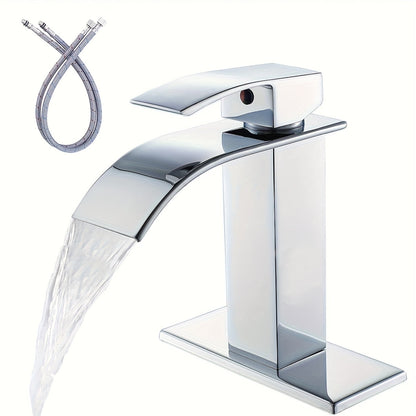 Waterfall Bathroom Sink Faucet Single Handle Hot & Cold - Universal 1 or 3 Hole Countertop Mount, RV Vanity Faucet with Water Supply Hose, Modern Design in Black, Black Gold & Silver