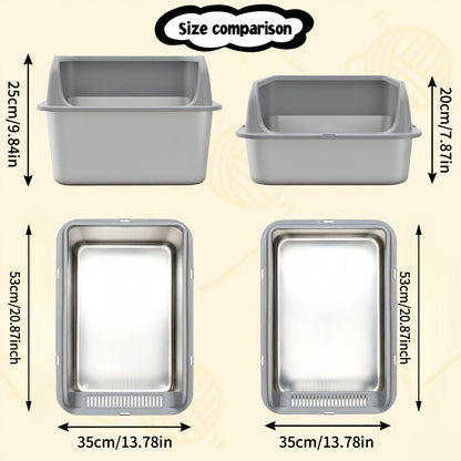 Stainless Steel Cat Litter Box High Sides Anti-Leakage Metal Litter Pan with Scoop Sifting Tray Rust-Proof Odor-Resistant Non-Stick Easy Clean Indoor Cat Toilet Medium Large Cats