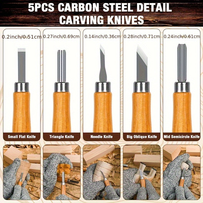 Wood Carving Knife Set PU Case 15-23 Piece Whittling Kit Chisel Hook Detail Geometric Knife Safety Gloves Leather Strop Basswood Block Art Craft Gift