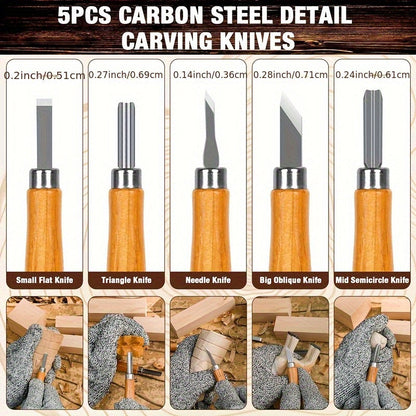 Wood Carving Knife Set PU Case 15-23 Piece Whittling Kit Chisel Hook Detail Geometric Knife Safety Gloves Leather Strop Basswood Block Art Craft Gift