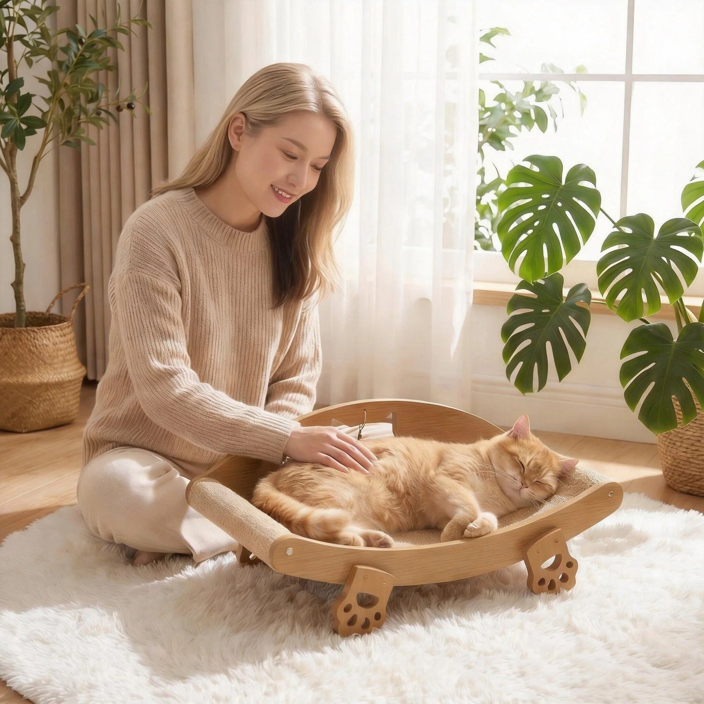 Natural Sisal Cat Scratcher Lounge Chair with Hanging Ball Toy – Solid Wood Curved Cat Bed Scratching Pad, Anti-Scratch Kitty Sofa, Furniture Protector for Indoor Cats