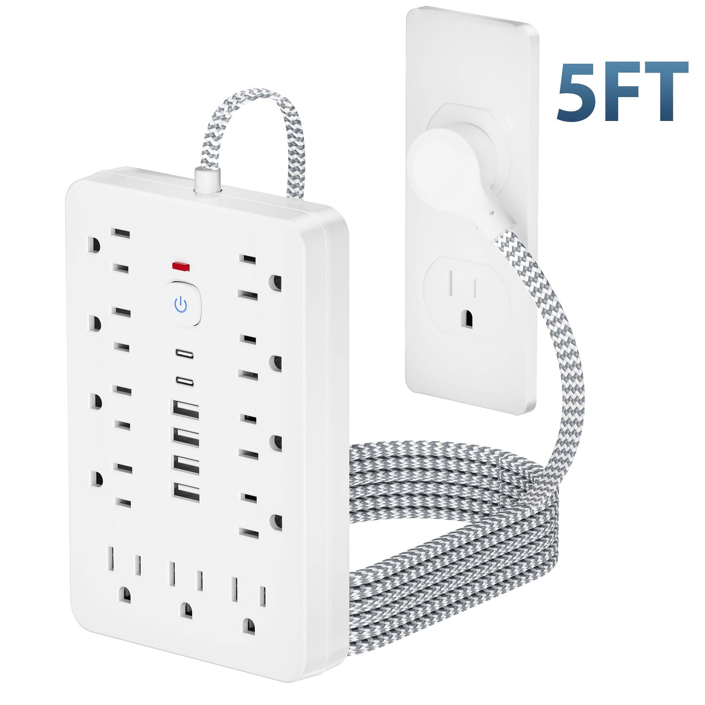 Surge Protector Power Strip 11 AC Outlets | 4 USB-A & 2 USB-C Ports, Overload Protection, Short/5FT/10FT Extension Cord – Multi-Outlet Power Socket for Home, Office, Desk & School – White & Black