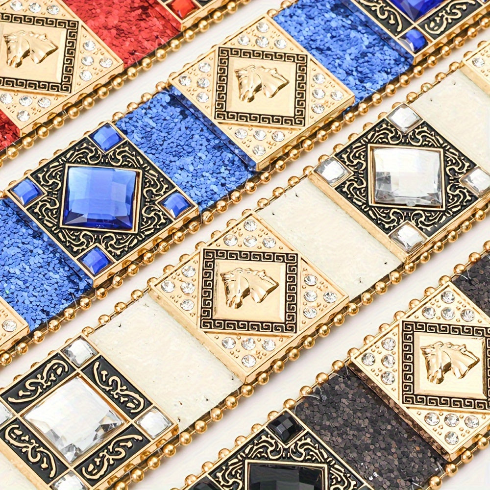 Rhinestone Punk Belt for Women - European American Style Rock & Roll Fashion Belt with Inlaid Rhinestones & Sequins, Zinc Alloy Golden Buckle, Glamorous Party Festival & Everyday Outfit Accessory