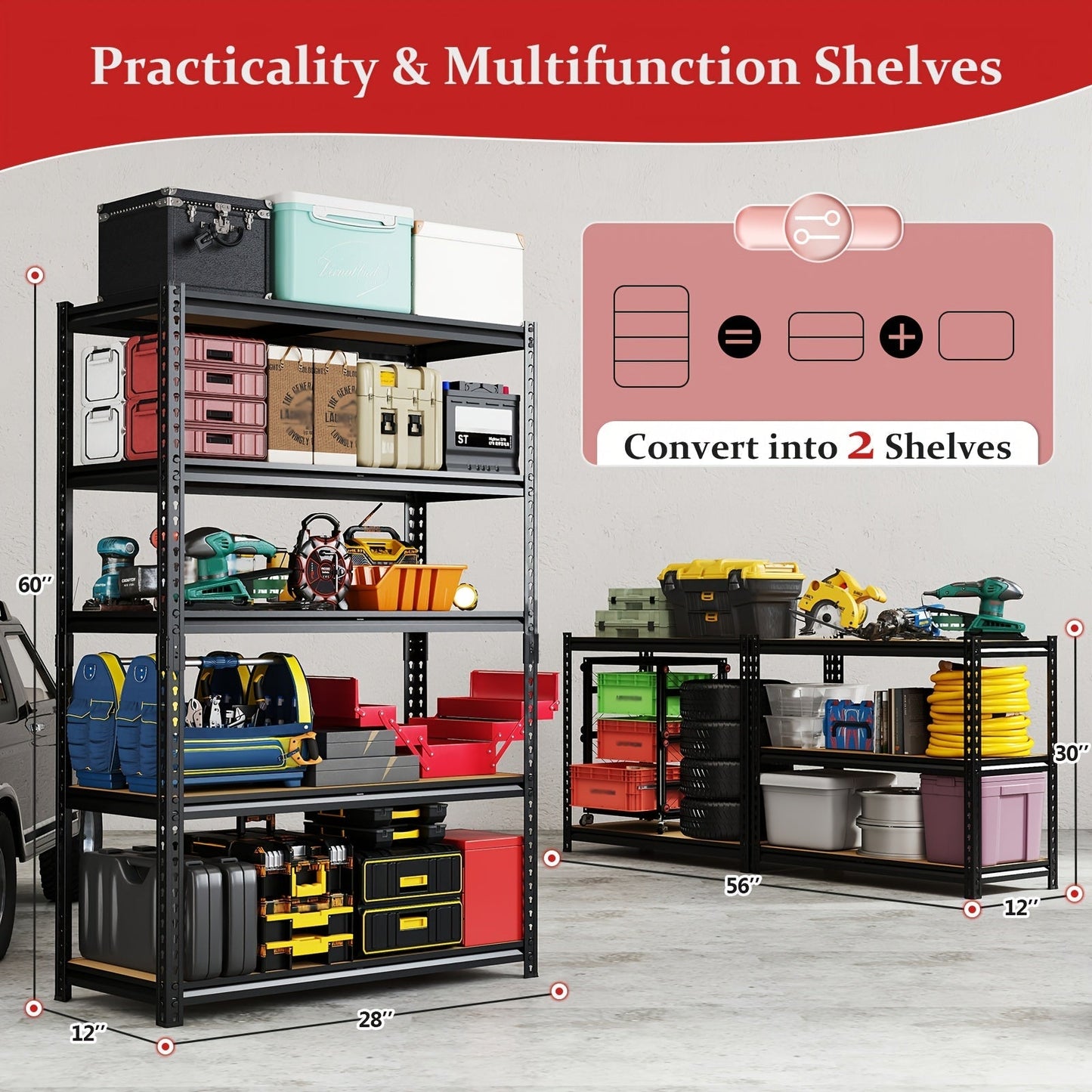 Heavy Duty 5-Tier Metal Shelving Unit 2000 LBS 60"H Adjustable Steel Rack – Garage Storage Shelves for Basement, Pantry, Closet & Utility Room, Local US Warehouse