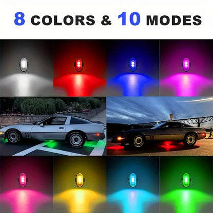 Wireless LED Strip Lights 8-Color Anti-Collision Warning Light with Remote Control – USB Rechargeable Waterproof LED Strips for Car Motorcycle Drone Bike, 4-Pack & 6-Pack