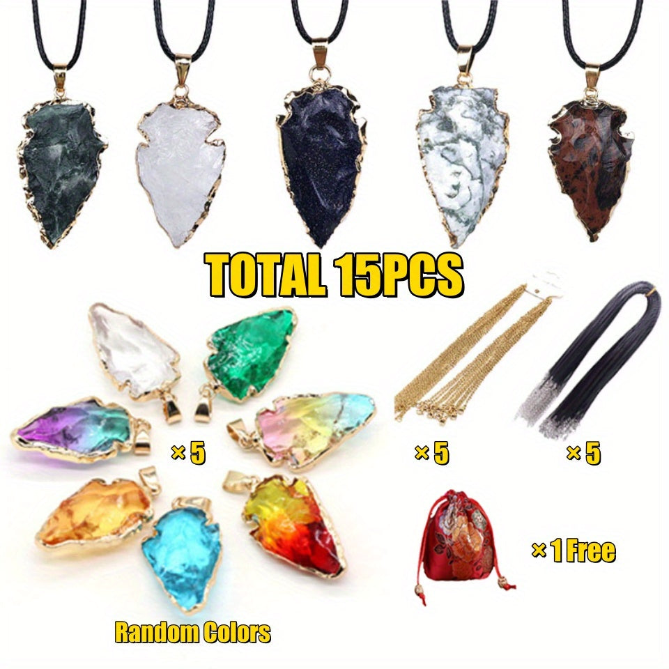 15PCS Boho Natural Stone Pendant Necklace Set – Raw Gemstone Arrow & Shield Charms with Gold Edging, Green Black Pink White Stones, Chains & Storage Pouch Included, Bohemian Gift for Women