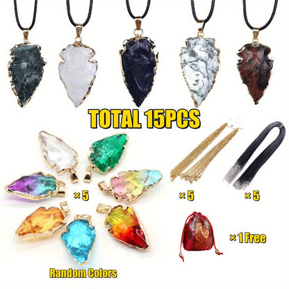 15PCS Boho Natural Stone Pendant Necklace Set – Raw Gemstone Arrow & Shield Charms with Gold Edging, Green Black Pink White Stones, Chains & Storage Pouch Included, Bohemian Gift for Women