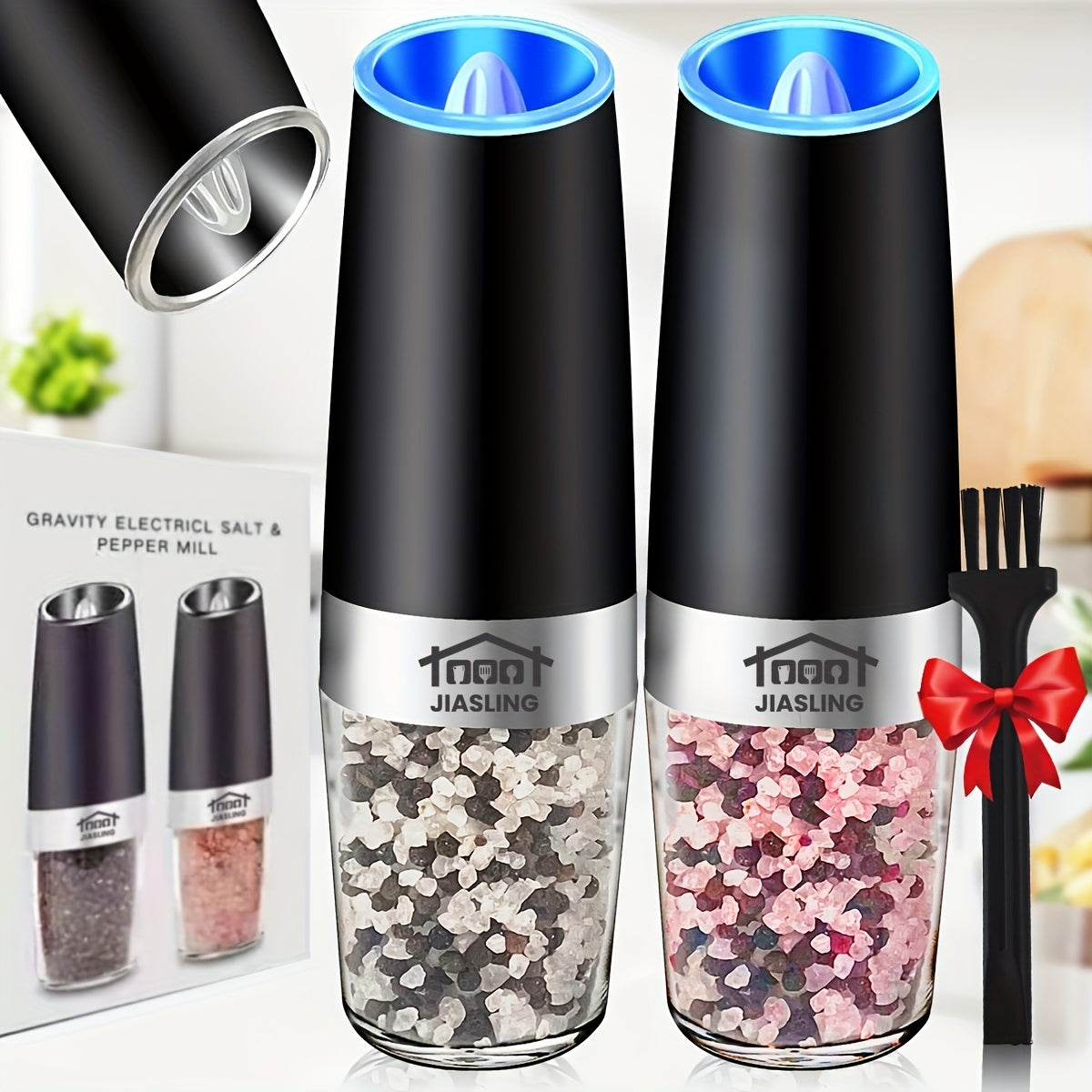 2-Pack Electric Salt and Pepper Grinder Set – Gravity-Powered Automatic One-Handed Operation, Battery-Powered LED Light, Adjustable Coarseness, Black Rocking Chair Design, Creative Kitchen Gift