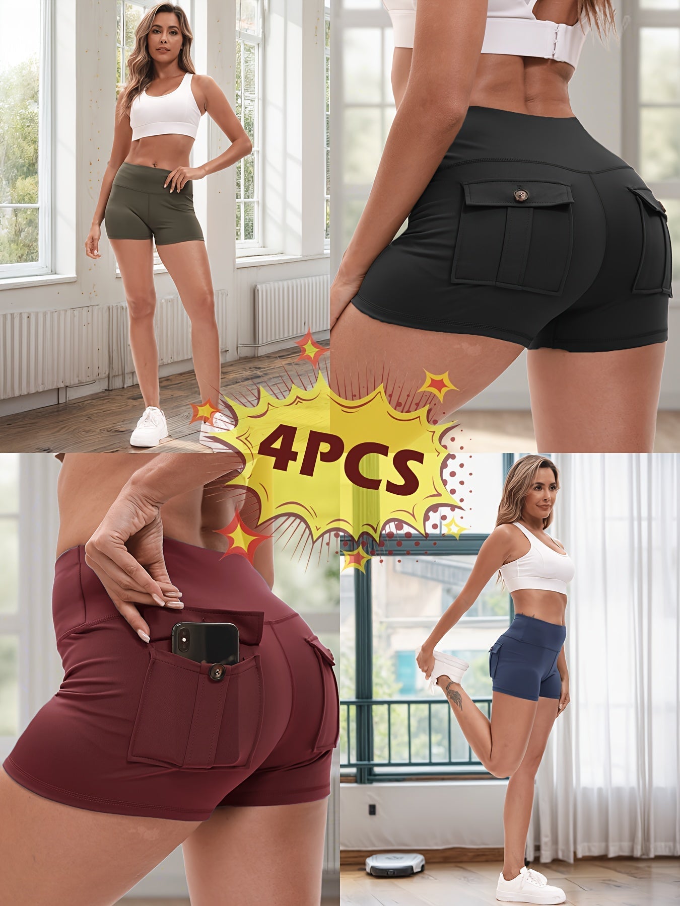 4-Piece Women's High-Stretch Yoga Shorts Set – Hip Lifting Quick-Dry Fitness Shorts with Elastic Waist & 2 Pockets, Solid Color Athletic Short Pants for Gym Running Pilates, S-XXL