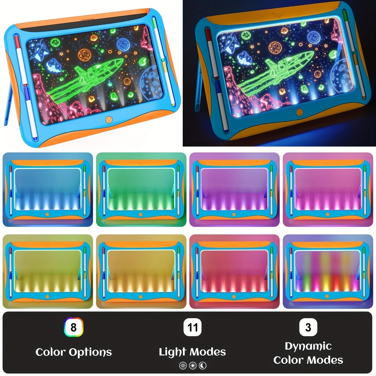 LED Light-Up Drawing Doodle Board for Kids Ages 3-8 – Glow Writing Art Set with 9 Double-Sided Cards & 6 Markers, Educational Learning Travel Toy, Birthday & Christmas Gift for Girls Boys