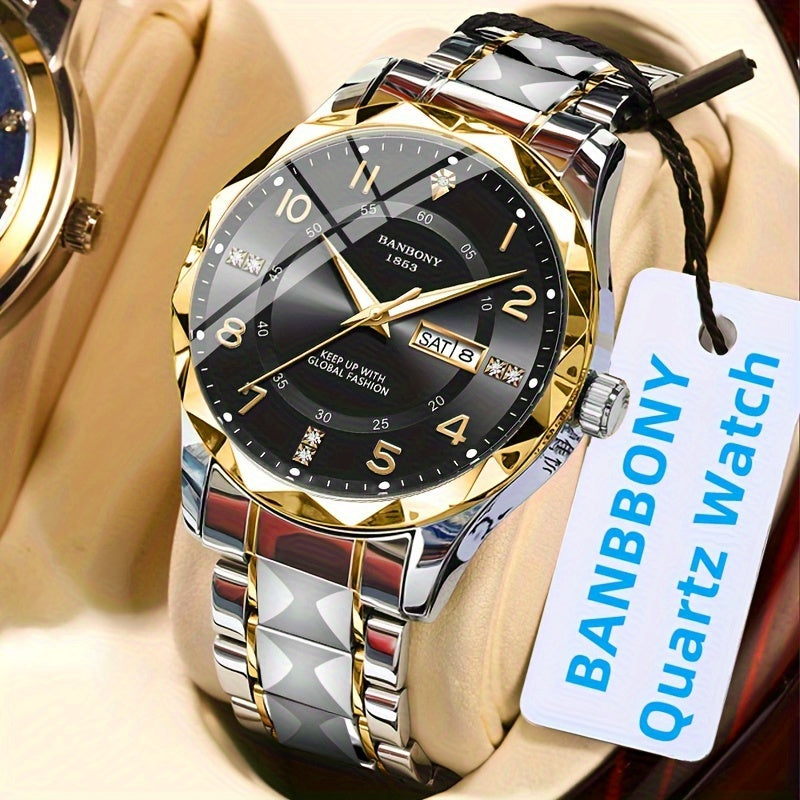 Stainless Steel Quartz Watch for Men & Women - Rhinestone Round Dial Luminous Display, Fully Automatic Multifunctional IPX7 Waterproof Wristwatch for Casual Sports, Holiday Birthday Gift