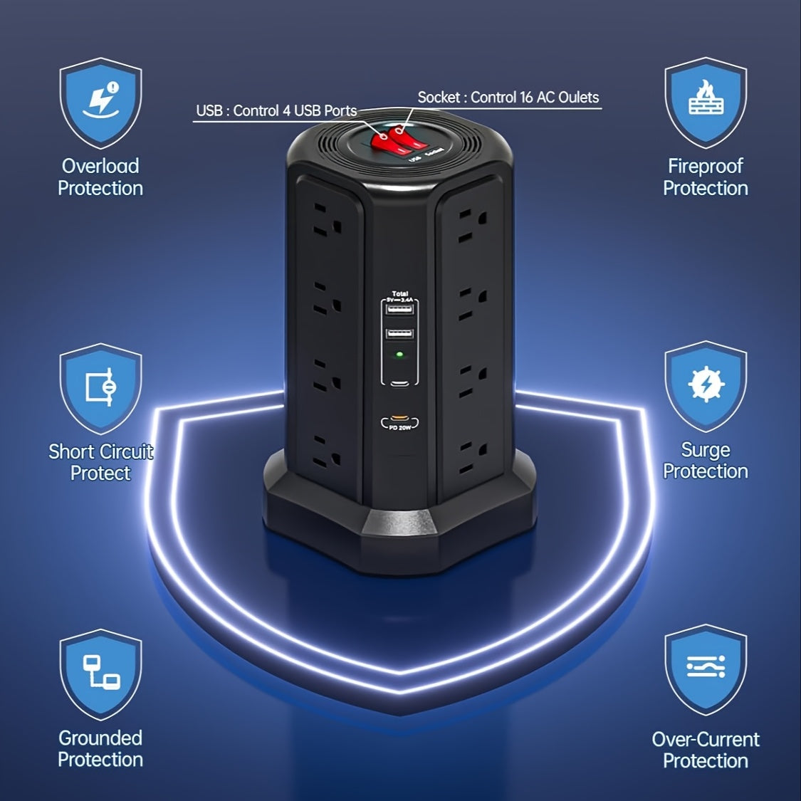 Tower Surge Protector Power Strip 12 AC Outlets 5 USB Ports PD 18W USB-C Fast Charging 10FT Extension Cord 1800J Surge Protection 4 Switches for Home Office Desk Dorm Room – Space-Saving Vertical Design