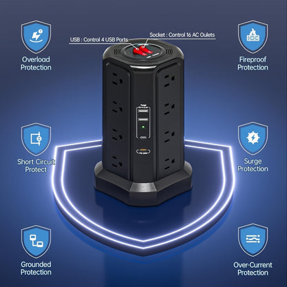 Tower Surge Protector Power Strip 12 AC Outlets 5 USB Ports PD 18W USB-C Fast Charging 10FT Extension Cord 1800J Surge Protection 4 Switches for Home Office Desk Dorm Room – Space-Saving Vertical Design