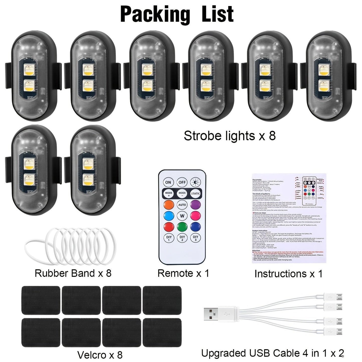 Wireless LED Lights for Vehicles 6 or 8pcs – Remote Control, 8 Color Modes, USB Rechargeable, for Car Interior, Truck, Motorcycle, Drone, Bicycle & Plane