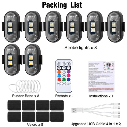 Wireless LED Lights for Vehicles 6 or 8pcs – Remote Control, 8 Color Modes, USB Rechargeable, for Car Interior, Truck, Motorcycle, Drone, Bicycle & Plane