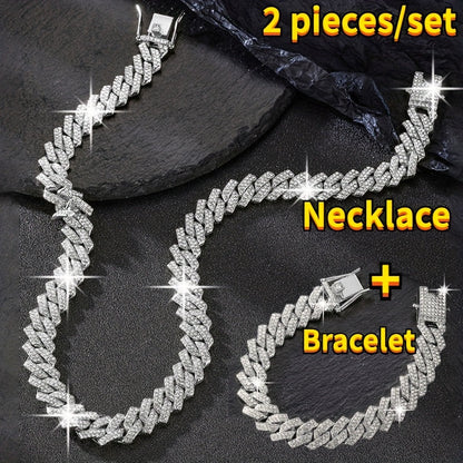 Cuban Link Chain Jewelry Set for Men 2pcs – Hip Hop Miami Bling Necklace and Bracelet Set, Luxury Fashion Streetwear Accessories, Perfect Birthday Anniversary Gift for Him