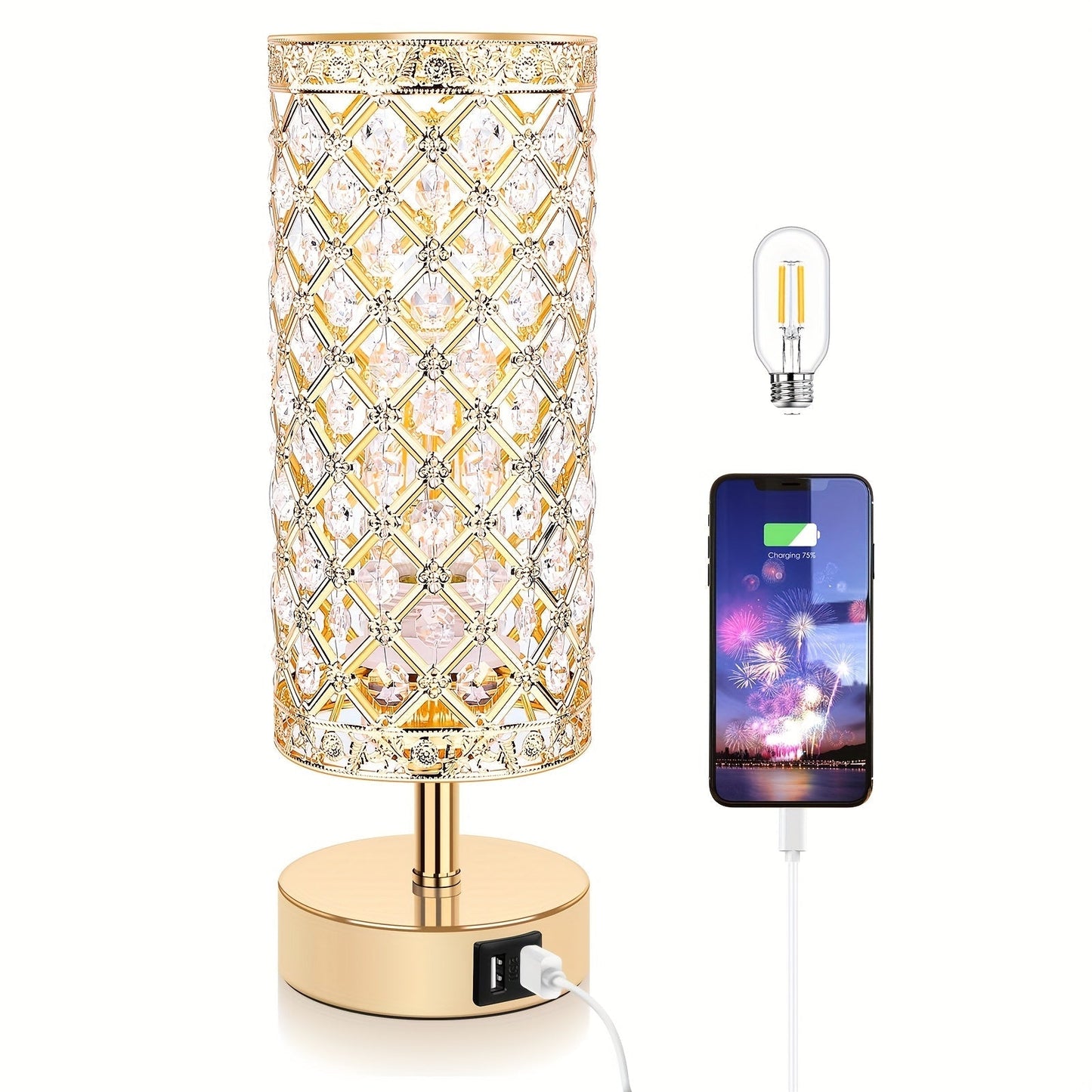 Crystal Touch Table Lamp 3-Way Dimmable with 2 USB Charging Ports LED Bulb Included Decorative Bedside Nightstand Light for Bedroom Living Room Office – Antique Bronze Rose Gold Silver