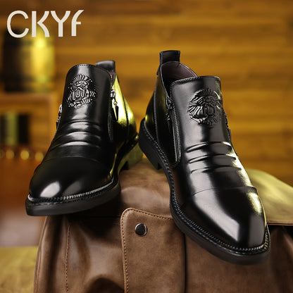 Men's Embossed Leather Ankle Boots – Slip-On Chelsea Boot Casual Dress Style, Black & Brown, Wide Sizes US 8-13.5, Comfortable Non-Slip Sole, Perfect for Work Office Daily Wear