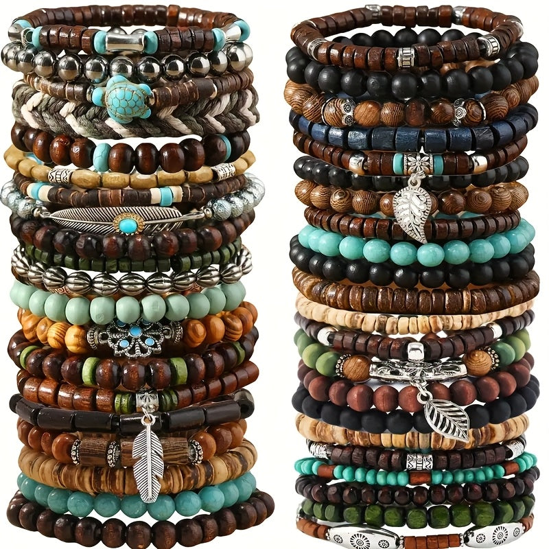 42pcs Vintage Bohemian Wooden Beaded Bracelet Set for Women & Men – Ethnic Stackable Boho Hand String Bracelets Random Mix, Outdoor Festival Holiday Jewelry Accessory Collection